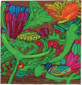 Hoi Ming Lee McVey, Quetzal Birds, 2009. Fluorescent tempera paint, permanent marker on brown paper.